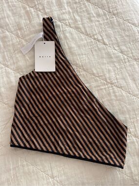 BAIIA One-Shoulder Striped Bikini Top in Brown & Black